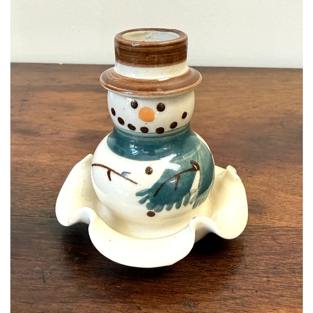 Set 2 Kovack NC Pottery Snowman Candle Holders Signed 1997 Hand Painted 3.25